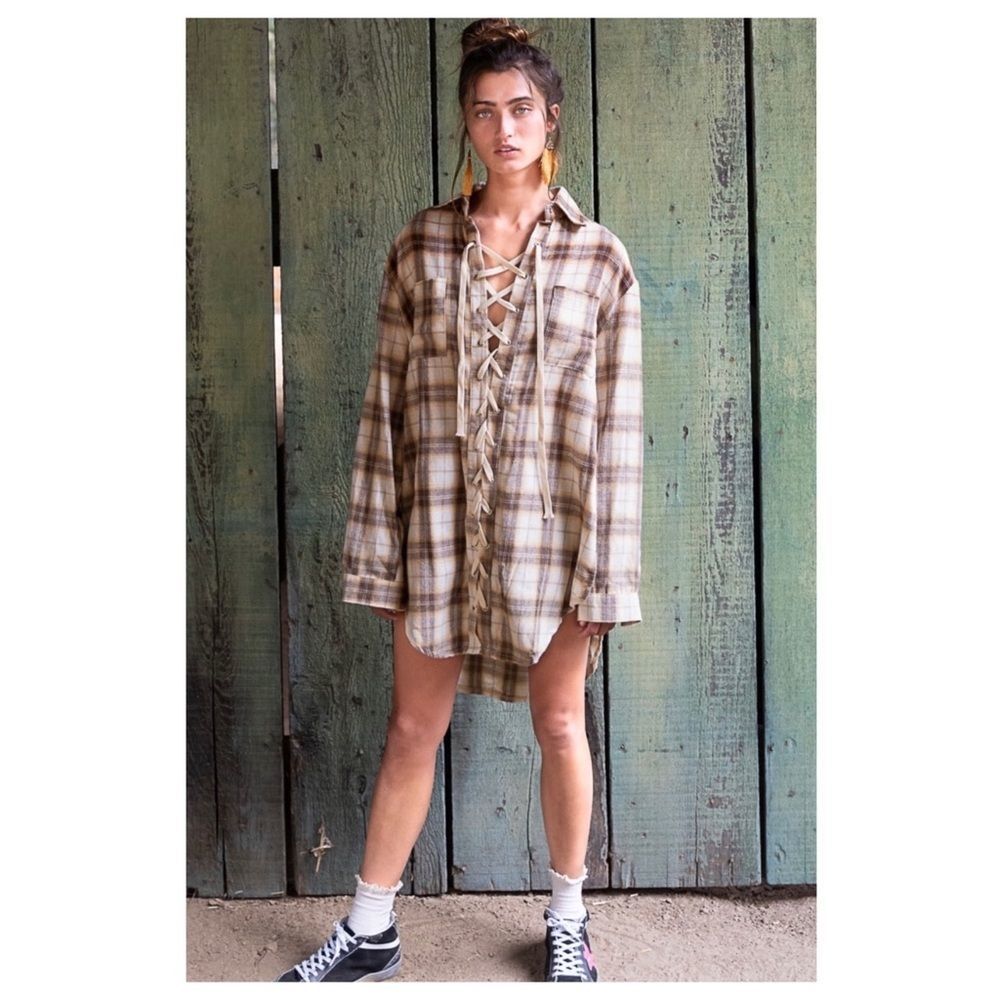 𝅺pol Boho Brown multi Lace Up Front Shirt - Picture 9 of 16